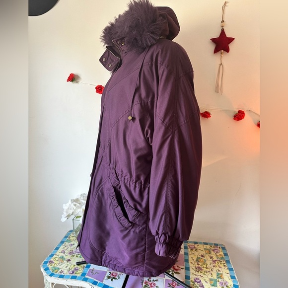 Vintage Women's Sequence Purple Faux Fur Hooded Jacket Coat L XL - Picture 2 of 9
